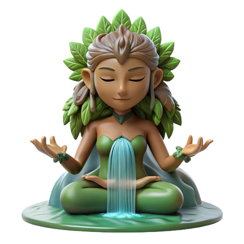 elegant victorian A serene dryad with skin of bark and hair of leaves, meditating beneath a waterfall, peaceful and calming top tier png