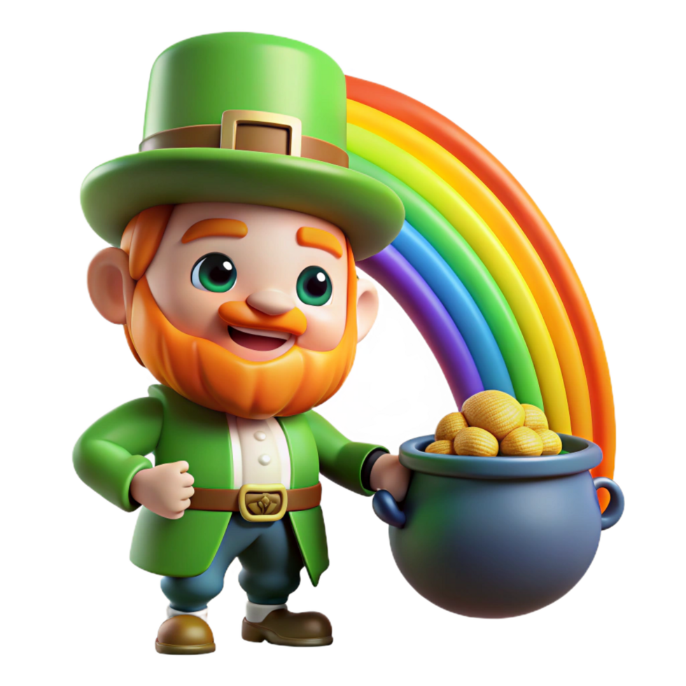 acclaimed rustic A mischievous leprechaun guarding a pot of gold at the end of a rainbow, vibrant colours, cartoon style exclusive png