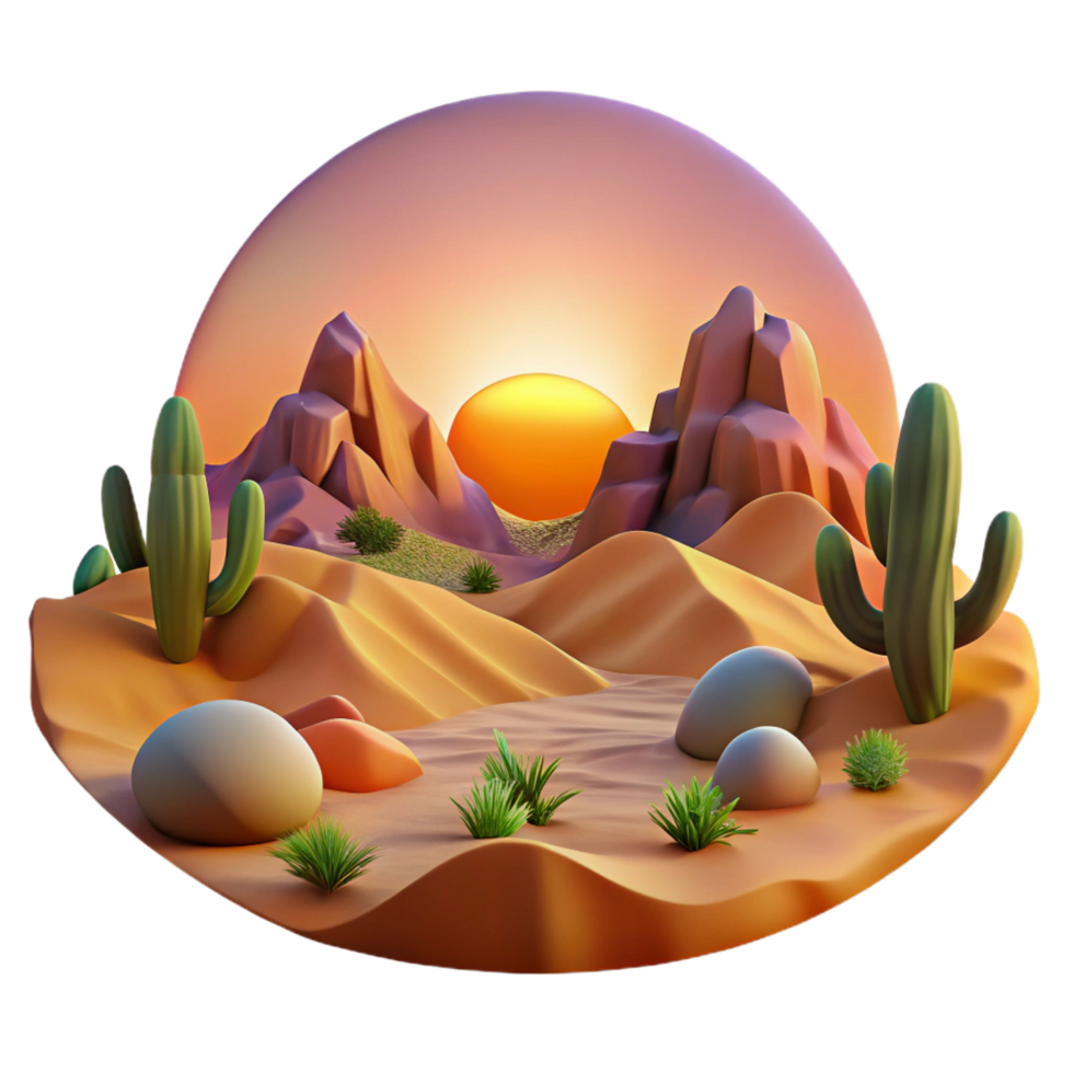 playful captivating A desert landscape at sunset, warm and vibrant colors, dramatic and expansive, landscape photography style detailed png