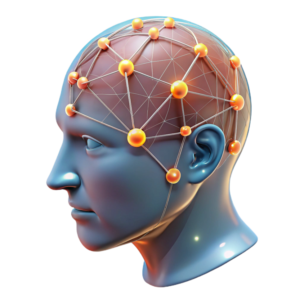 wonderful standout A transparent human head with glowing neural networks visible inside, intricate connections and pathways, dark background, scientific illustration style png