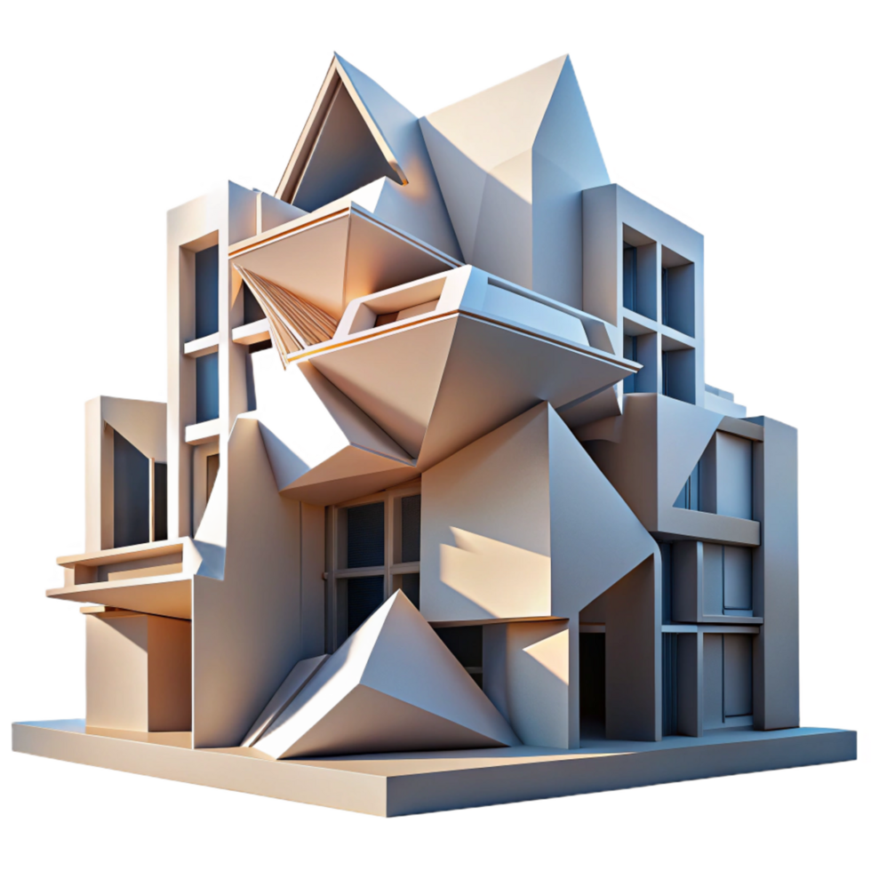 serene creative Deconstructivist building with fragmented shapes and distorted angles, sharp contrasting light and shadow, abstract art style exclusive png