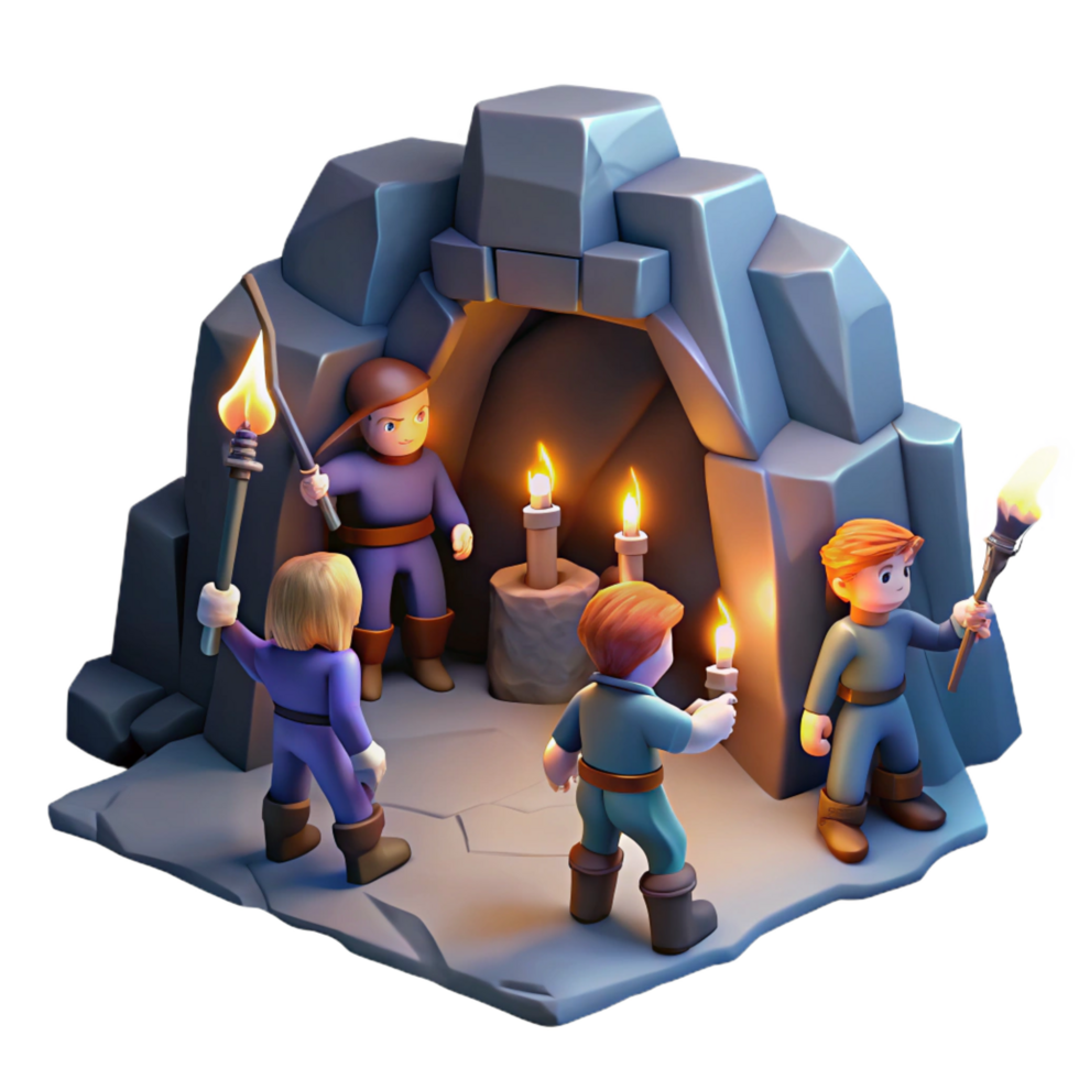 pristine ethereal artistic A group of adventurers exploring a dark and mysterious cave, flickering torchlight, in a classic dungeon crawler style detailed png