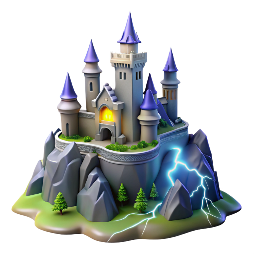 unforgettable mid century A towering castle on a mountaintop, lightning flashing in a stormy sky, fantasy art style top tier png