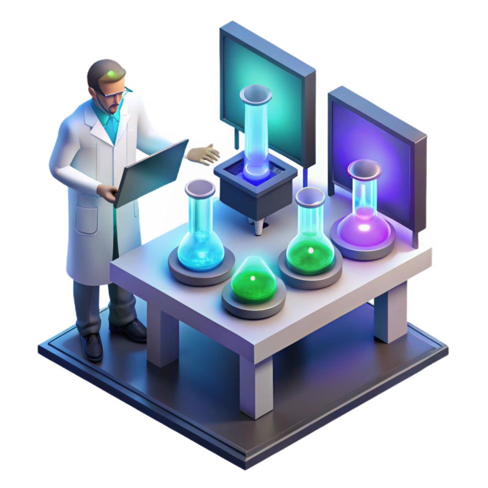spectacular urban A lone scientist working in a high tech laboratory, surrounded by bubbling beakers and glowing screens, cool lighting, isometric view, pixel art, genuine png