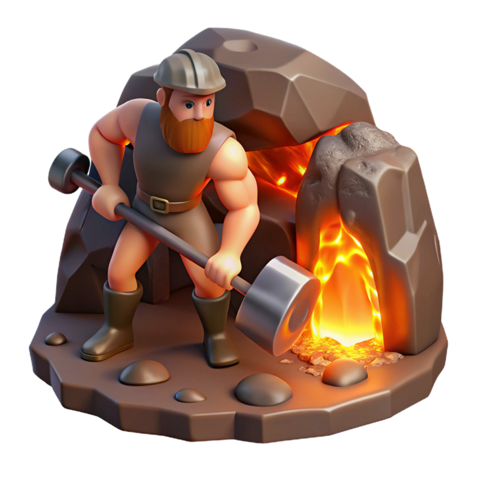 wonderful mid century A stoic Cyclops forging a weapon in a volcanic cave, lit by the glow of lava, realistic style expertly shot png