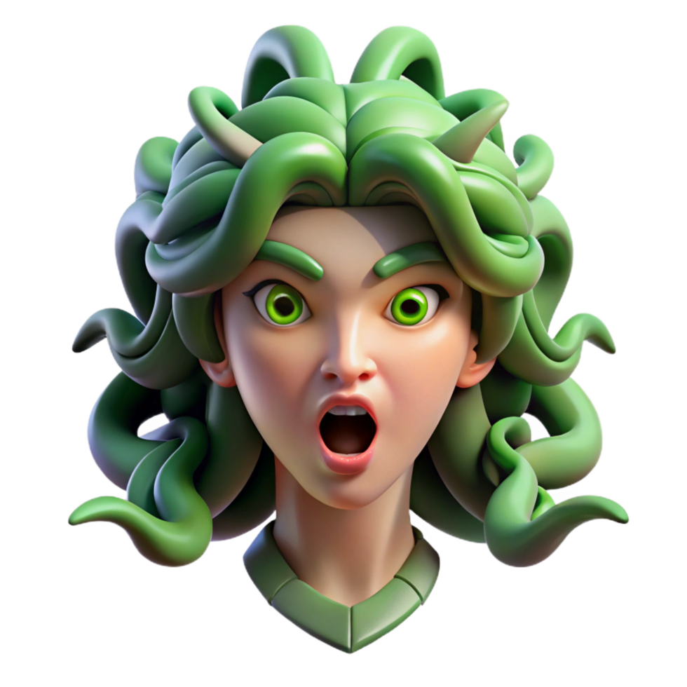 nostalgic hypnotic Medusa, with snakes for hair, turning a warrior to stone, her eyes radiating a venomous green light. Baroque style high resolution png