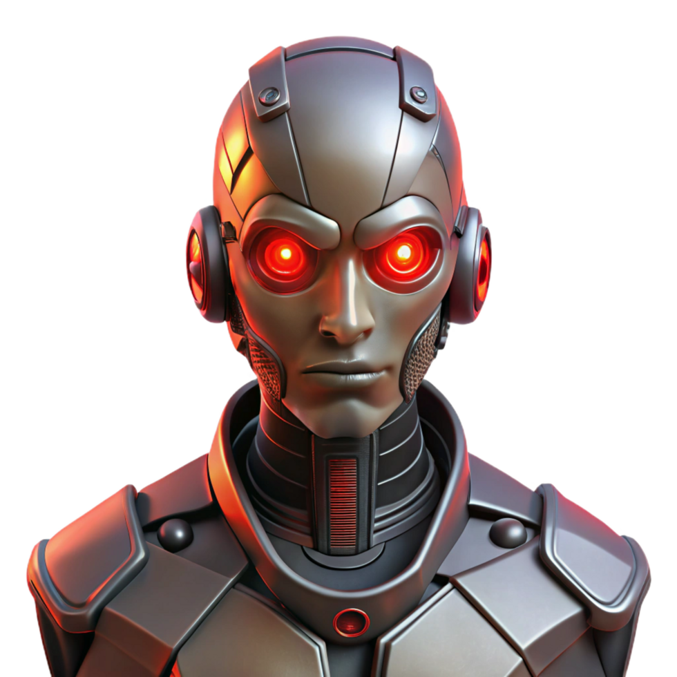 beautiful iconic A cyborg with intricate mechanical augmentations, glowing red eyes, dramatic backlighting, cyberpunk portrait style png