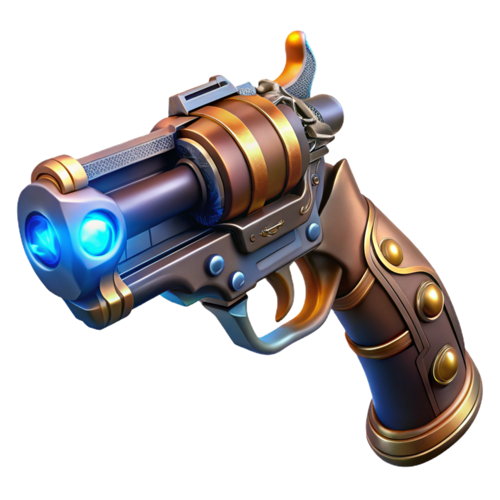 glorious notable A steampunk pistol, intricate engravings and glowing energy cells, held in a gloved hand, dramatic chiaroscuro lighting png