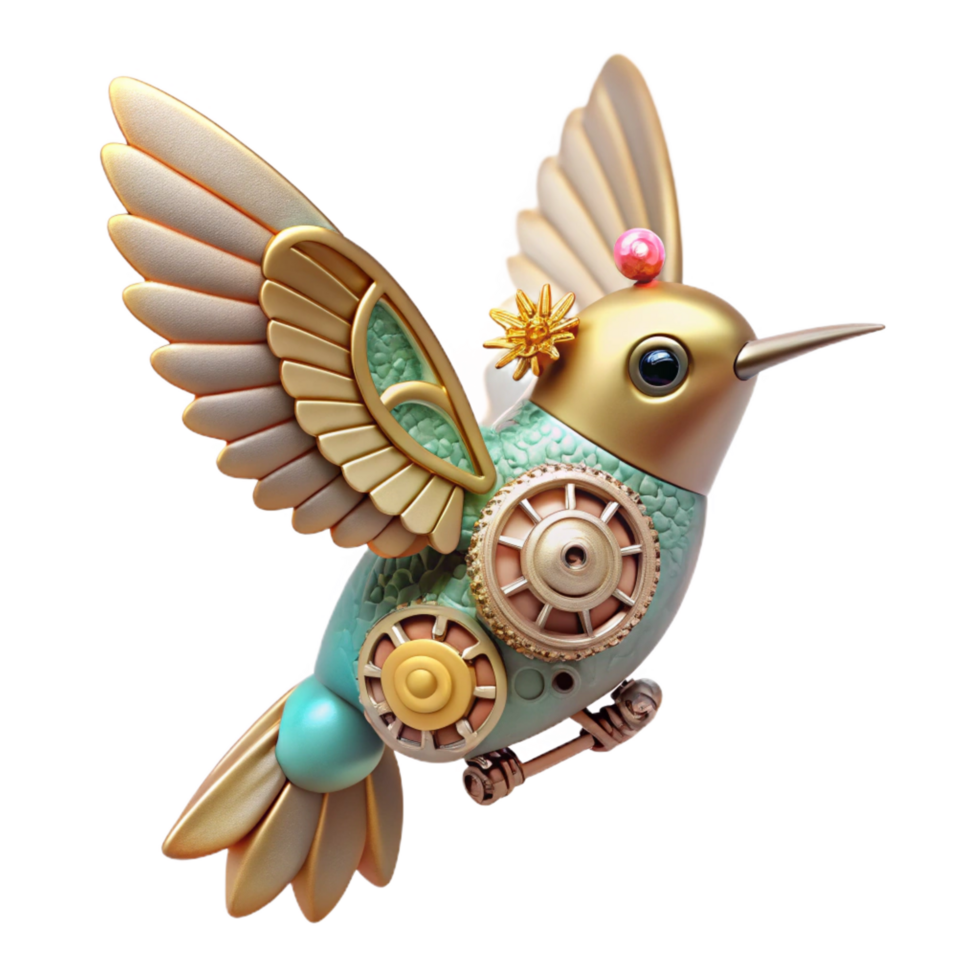 breathtaking industrial A miniature steampunk robot hummingbird, hovering amidst gears and cogs, delicate and intricate, soft studio lighting original png