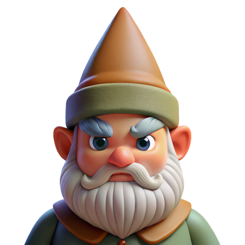 dramatic exceptional Portrait of a grumpy gnome with a pointed hat, a bushy beard, and a frowning expression, lit by dim, earthy light, in a whimsical fantasy style png