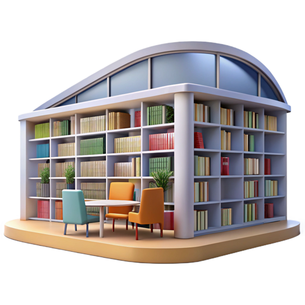 extraordinary remarkable A modern library with floor to ceiling windows, bookshelves filled with books, soft natural light png