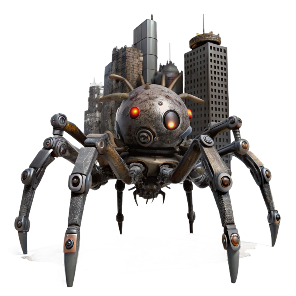 dazzling remarkable A giant, robotic spider patrolling a desolate, post apocalyptic city. Dark, gritty lighting. Dystopian sci fi style png
