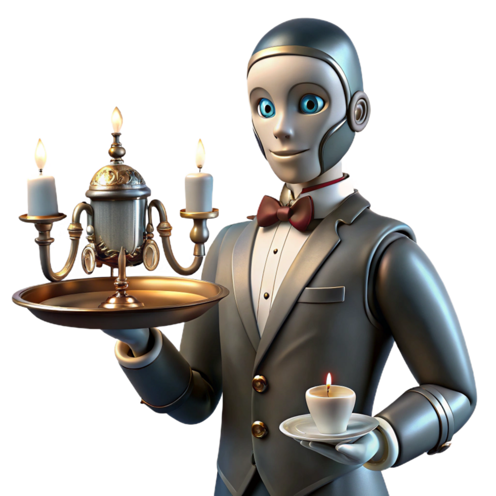 energetic hypnotic A steampunk robot butler, serving tea from a silver tray, in a Victorian era parlor, lit by a crystal chandelier. Realistic, dramatic lighting precision png