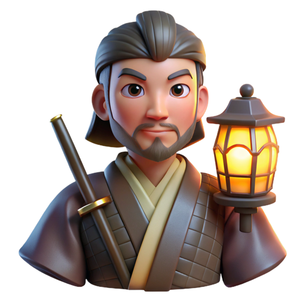 timeless coastal Portrait of a stoic samurai with a katana at their side, illuminated by the soft glow of a paper lantern fine detail png