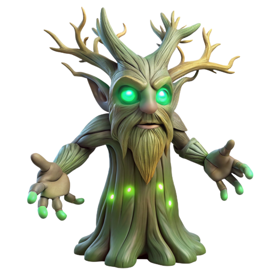 dazzling passionate mid century A wise old tree spirit with glowing eyes and flowing branches, standing in a primeval forest. Mystical, ethereal lighting, fantasy art style authentic png