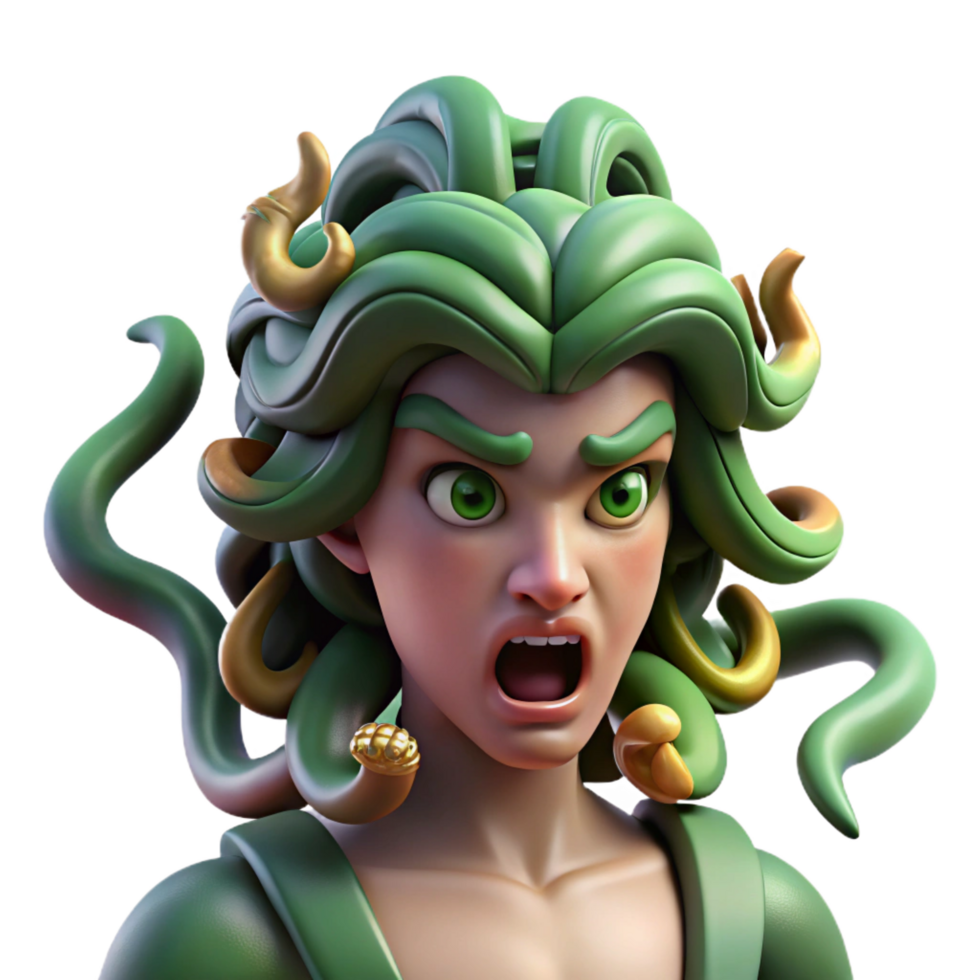 breathtaking mysterious bohemian A fierce gorgon with snakes for hair, turning a warrior to stone, Baroque style expertly shot png