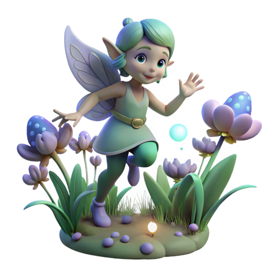 signature retro A whimsical pixie flitting through a moonlit meadow, bioluminescent flora, dreamlike art style 8K png