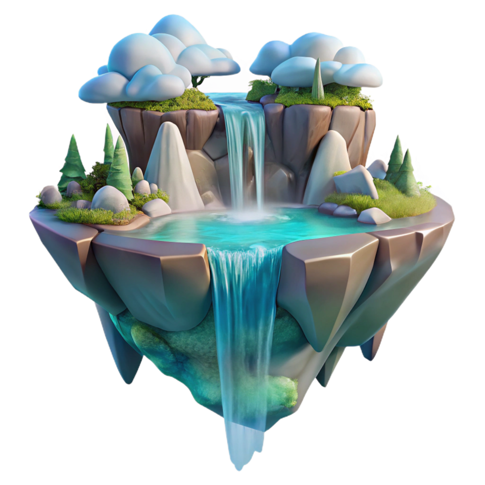 peaceful enchanting A floating island with waterfalls cascading down the sides, ethereal and magical style, fantasy art render, soft lighting precision png