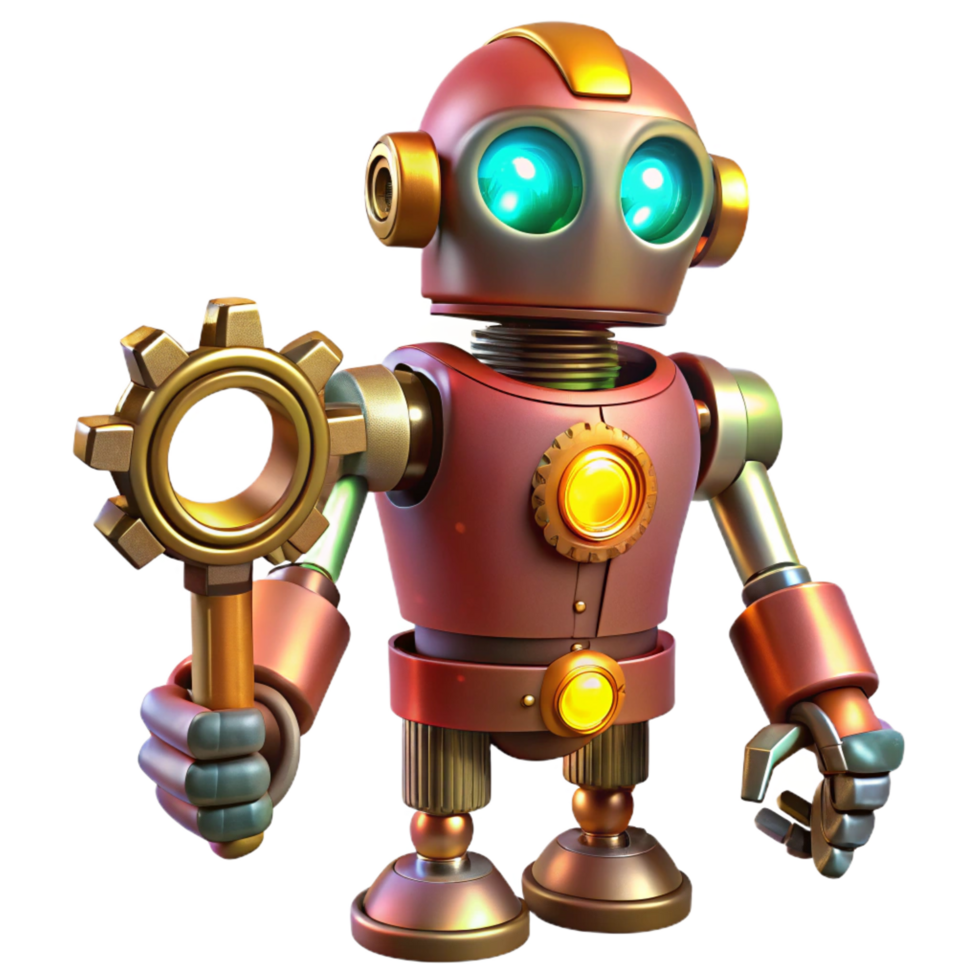 peaceful enchanting A steampunk robot, with intricate gears and glowing eyes, holding a wrench. Industrial, factory lighting. Cyberpunk style studio quality png