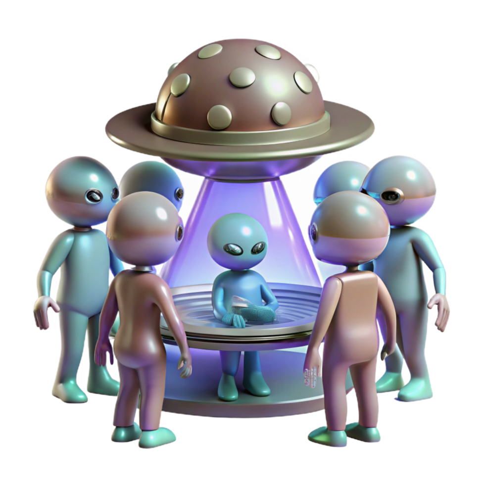 quintessential classic A group of aliens gathered around a strange artifact, mysterious and intriguing, science fiction style exclusive png