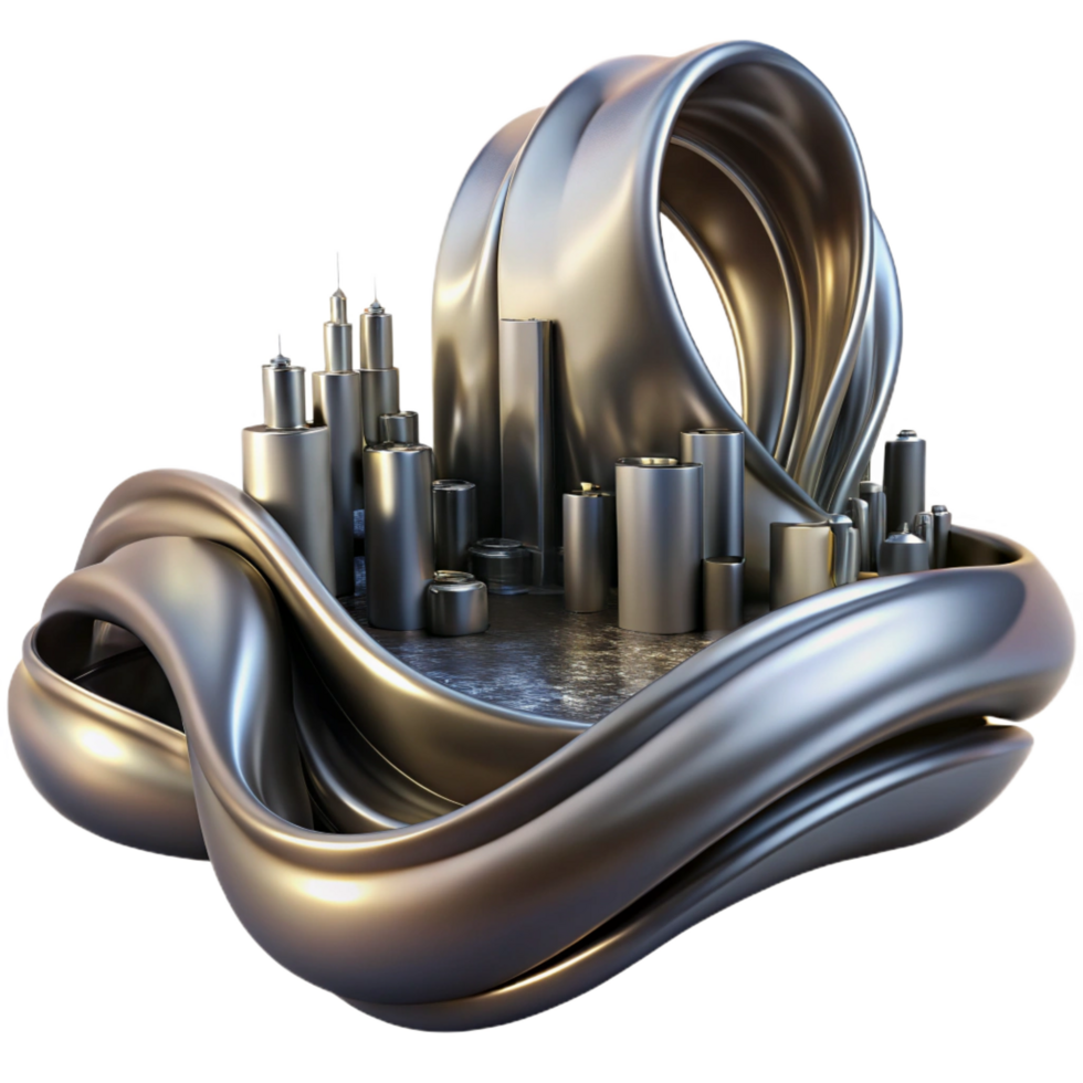 gorgeous quintessential Flowing ribbons of liquid mercury, reflecting a distorted cityscape, under a dramatic chiaroscuro lighting. Surreal style, high contrast png
