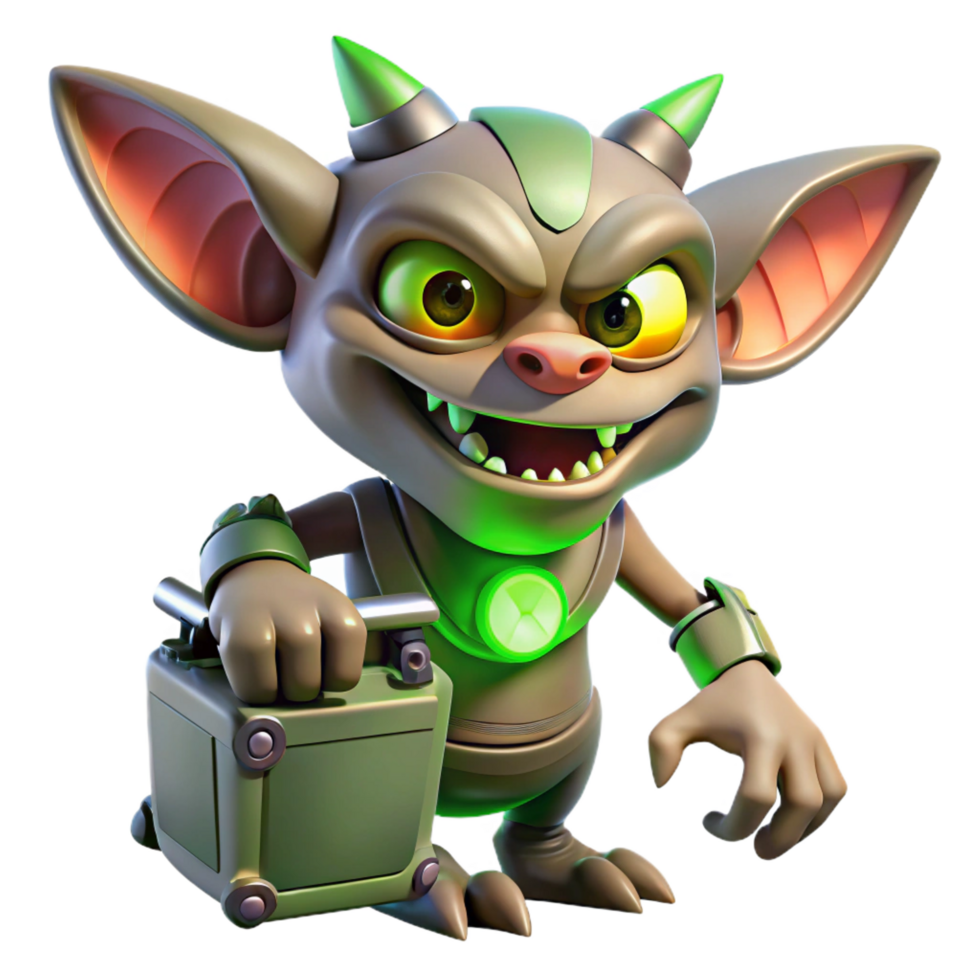 dreamy stunning A mischievous gremlin with sharp claws and glowing green eyes, sabotaging a machine, cartoon style refined png