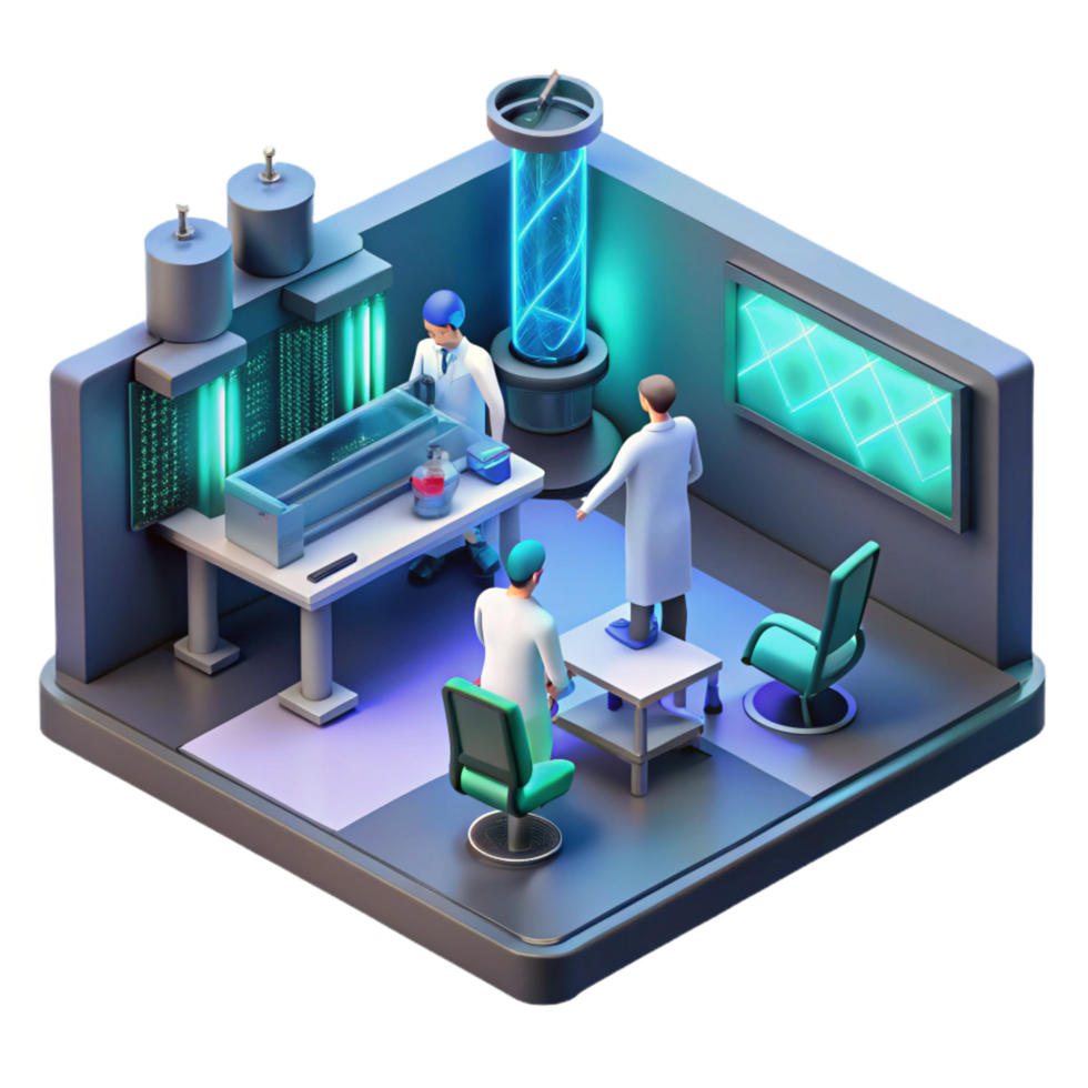 immaculate organic A futuristic laboratory filled with advanced technology, glowing screens, scientists working in the background, isometric view elite png