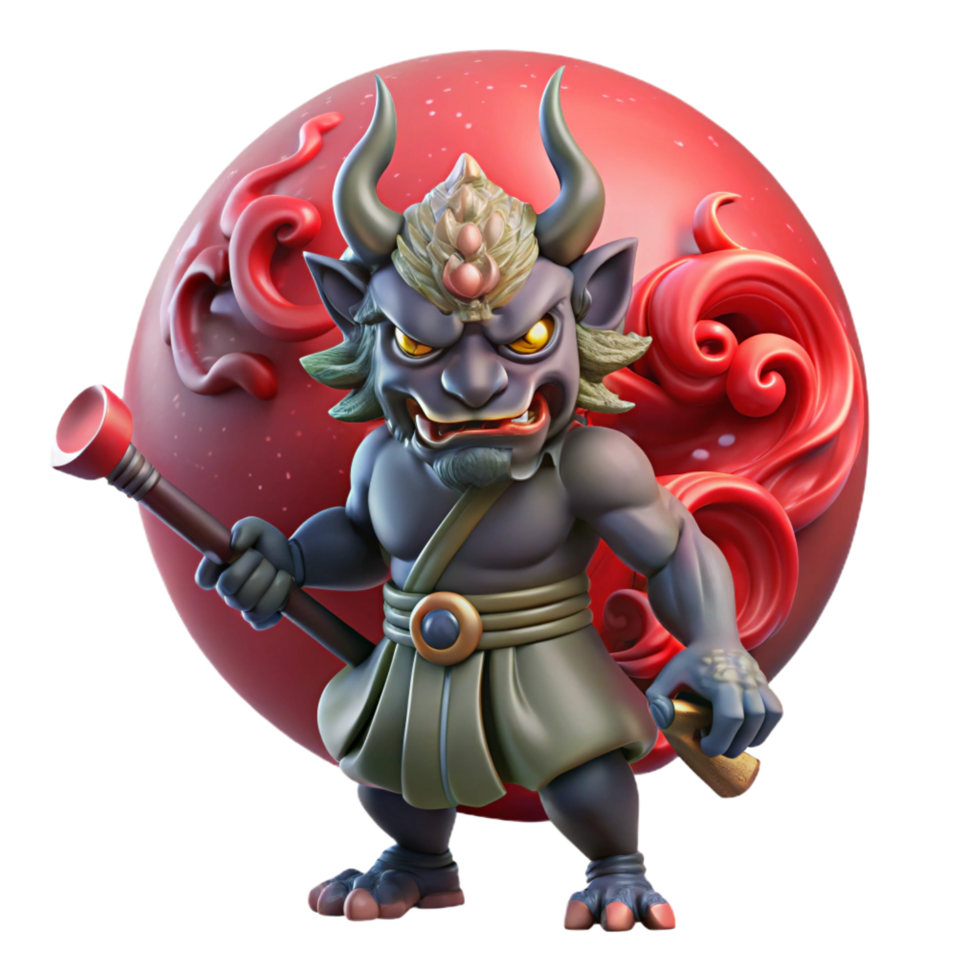 magnificent nordic A powerful oni wielding a kanabo club, surrounded by swirling dark energy, under a blood red moon. Japanese mythology style 4K png