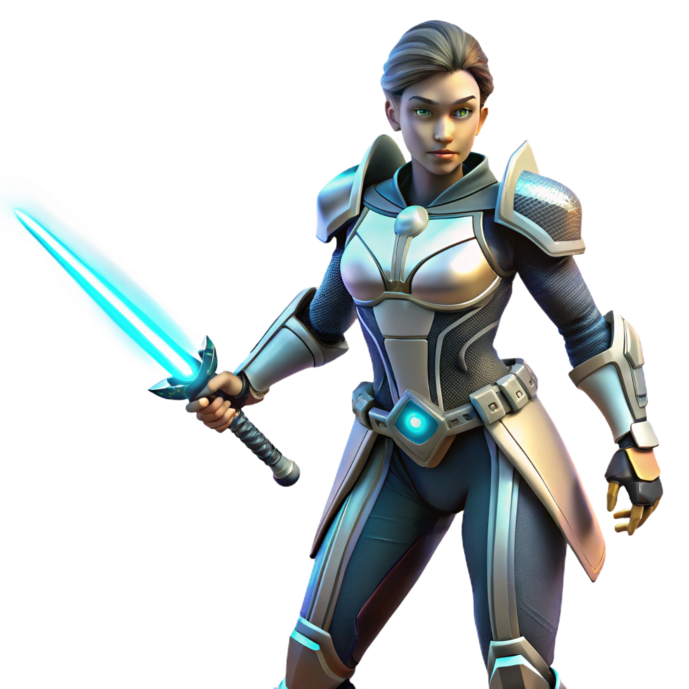 mesmerizing unforgettable A powerful, female warrior in futuristic armor, wielding a glowing energy sword, stands defiantly against a backdrop of a burning cityscape. Comic book style png