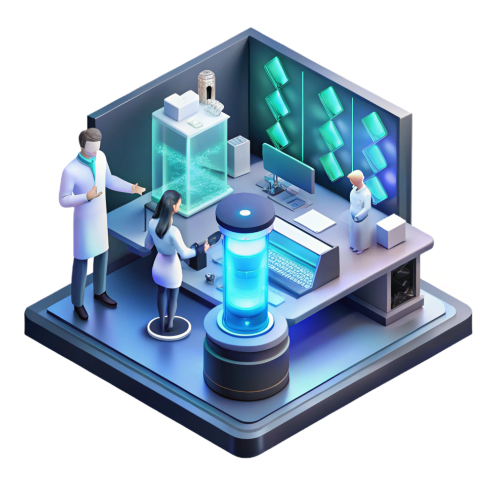 signature impressionist A futuristic laboratory filled with advanced technology, glowing screens, scientists working in the background, isometric view detailed png