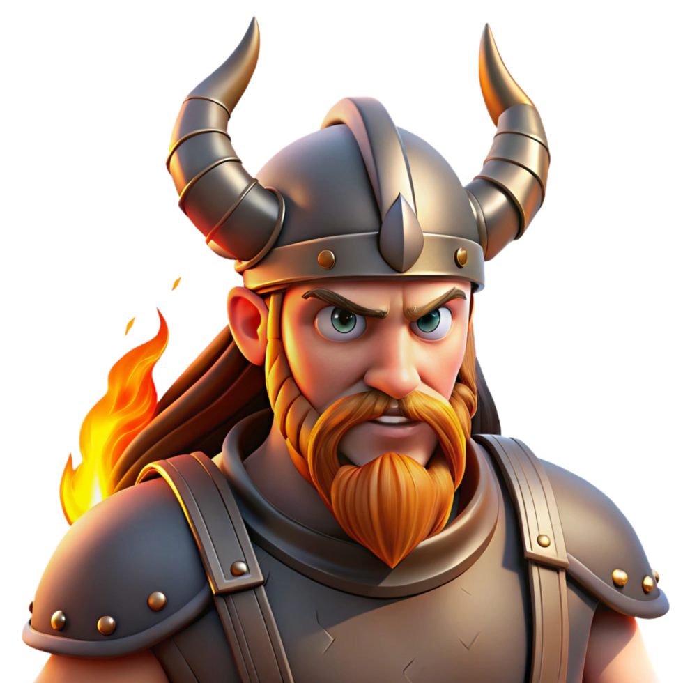 unparalleled artistic Portrait of a fierce Viking warrior with horned helmet, braided beard, and a battle ready expression, lit by firelight, in a Norse mythology style authentic png