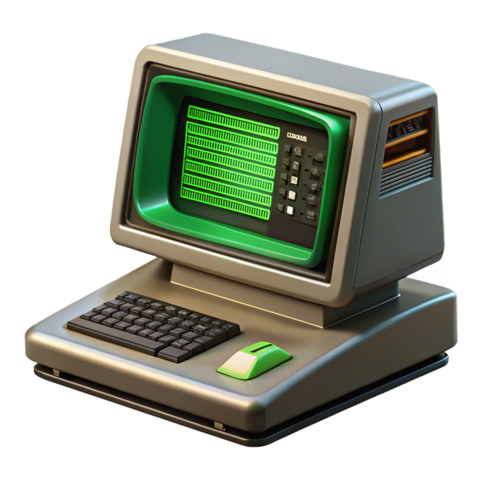 glorious harmonious modern A vintage computer terminal displaying complex code, green text on a black screen, retrofuturism style studio quality png