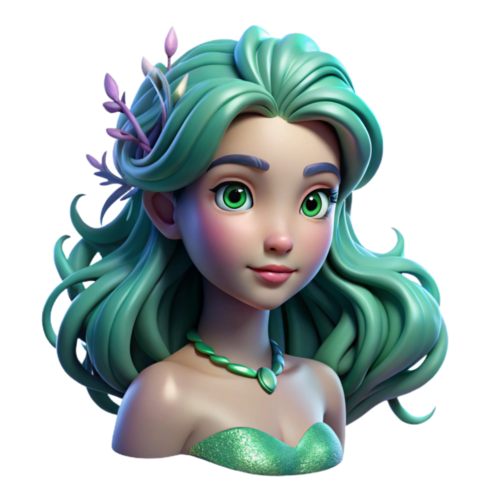 beautiful geometric Portrait of a beautiful mermaid with shimmering scales and flowing seaweed hair, her expression melancholic, lit by underwater sunlight premium png