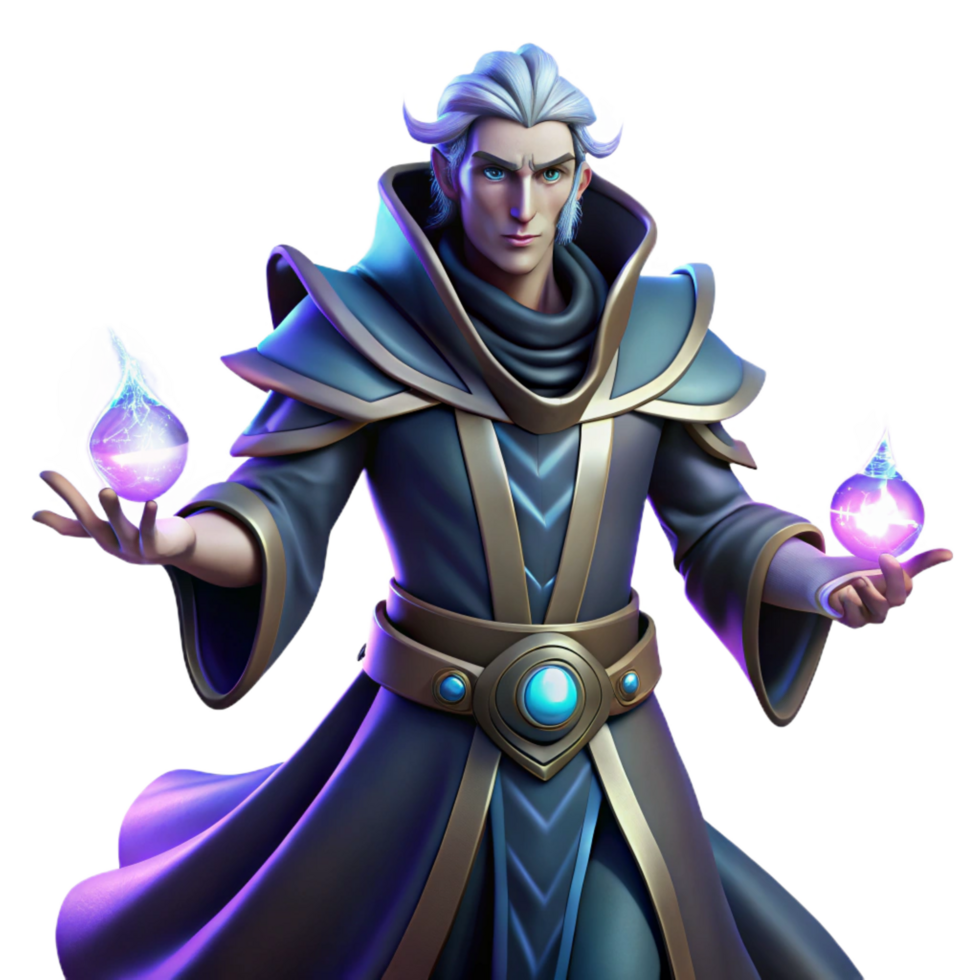 melancholic picturesque Portrait of a powerful sorcerer with glowing hands, flowing robes, and an intense gaze, lit by magical energy, in a dark fantasy art style crisp png