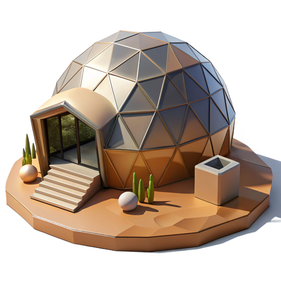 playful picturesque A geodesic dome house, futuristic design, minimalist interior, desert landscape, eco friendly, luxury png