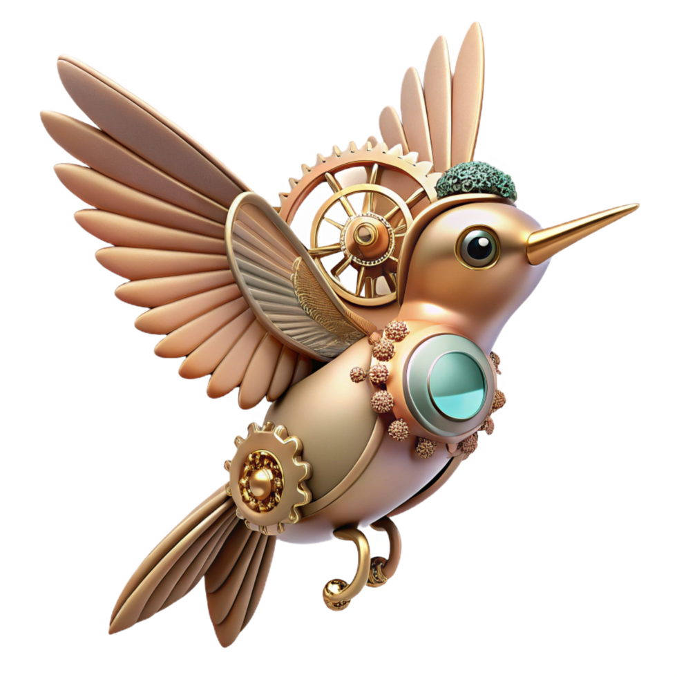 stunning geometric A tiny, intricate steampunk robot hummingbird, hovering amidst gears and steam, delicate filigree wings, soft, diffused lighting, art nouveau style professional png