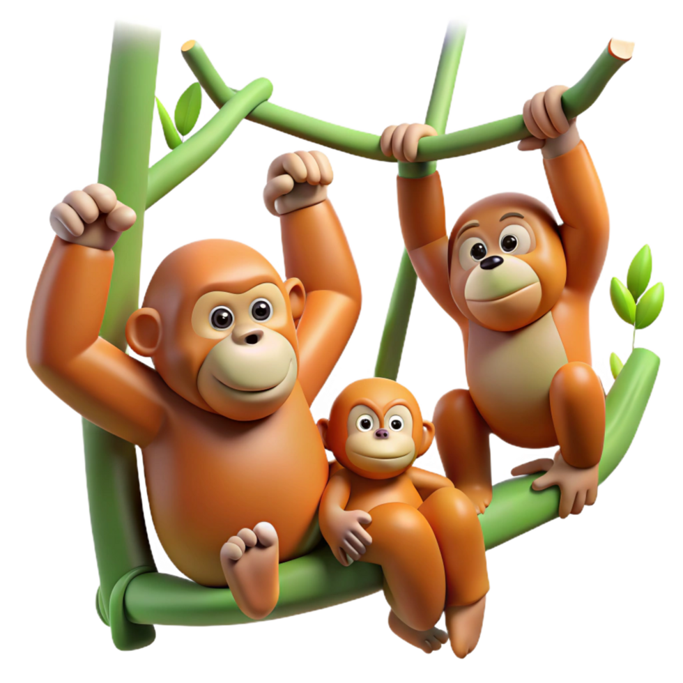 melancholic captivating A family of orangutans swinging through the trees, lush jungle setting, playful and energetic style high resolution png