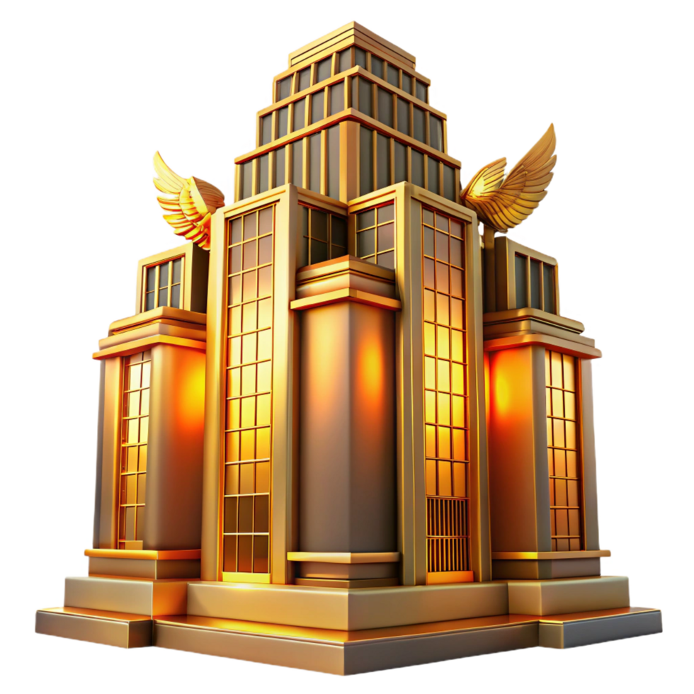 passionate vibrant Art Deco skyscraper bathed in golden sunset light, intricate geometric facade, stylized eagles perched on the corners high quality png