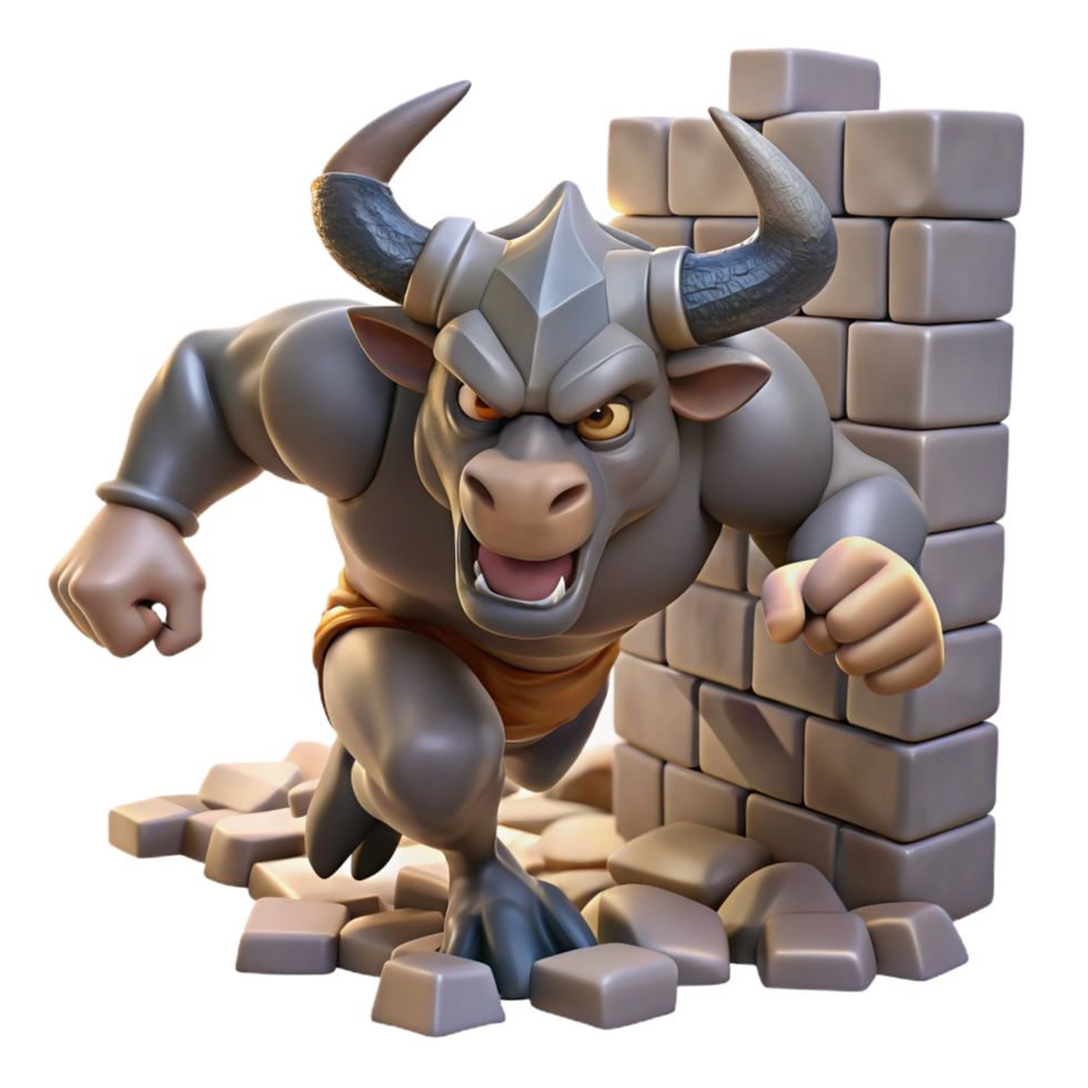 whimsical striking A fearsome minotaur charging through a labyrinth of crumbling stone walls, harsh spotlighting, in a dynamic graphic novel style 4K png