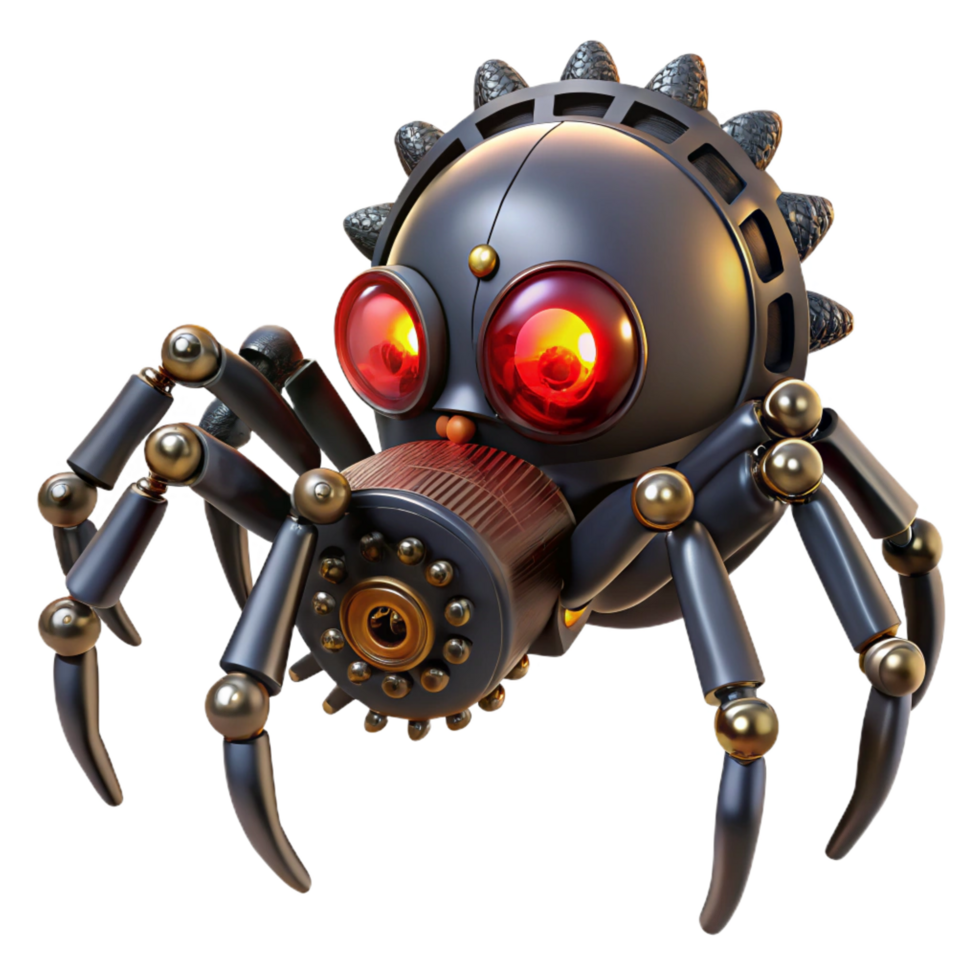 memorable elegant A steampunk spider with brass legs and glowing red eyes, crawling on a web of gears, dark, mysterious lighting, horror style high resolution png