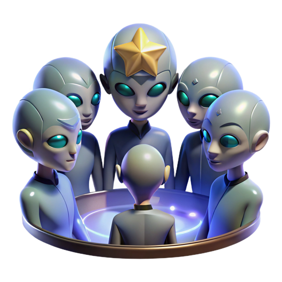 fascinating iconic A group of diverse alien diplomats, gathered around a holographic projection of a dying star, their faces illuminated by its fading light. Somber lighting, painterly style png