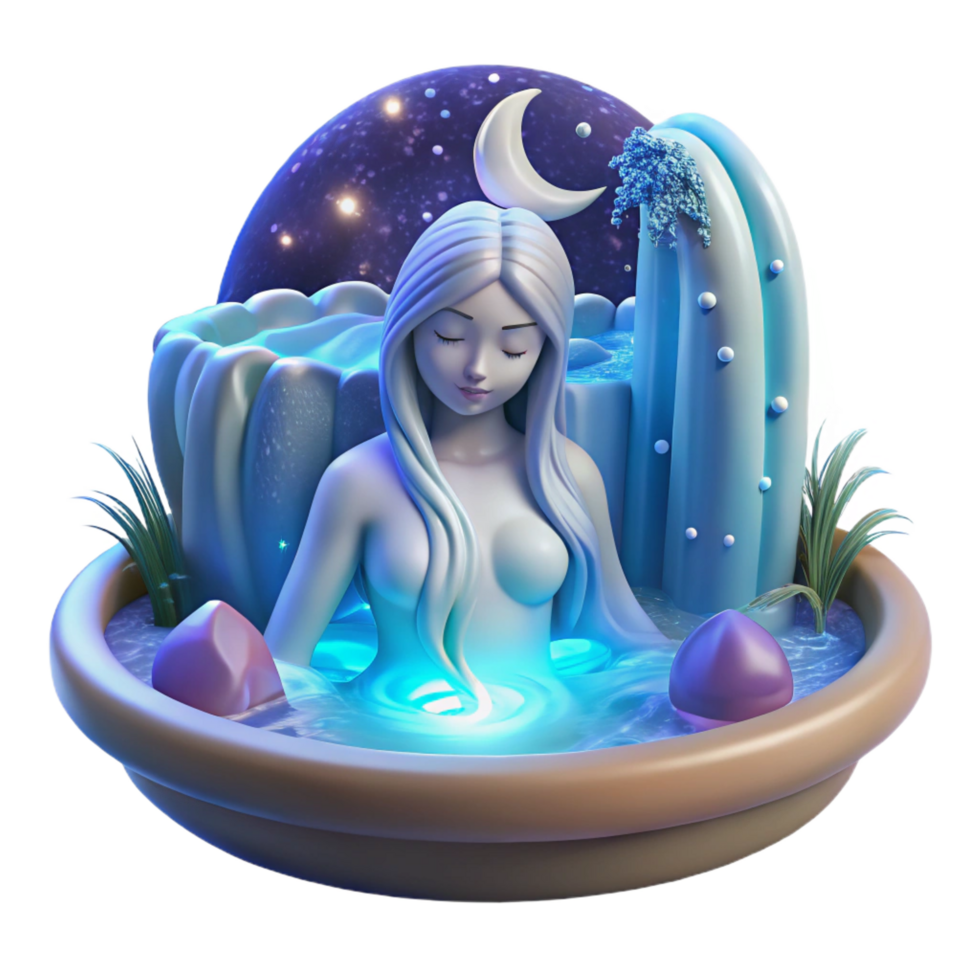 extraordinary bohemian A celestial nymph bathing in a moonlit waterfall, ethereal and glowing, Art Nouveau style, soft, blue lighting, premium png