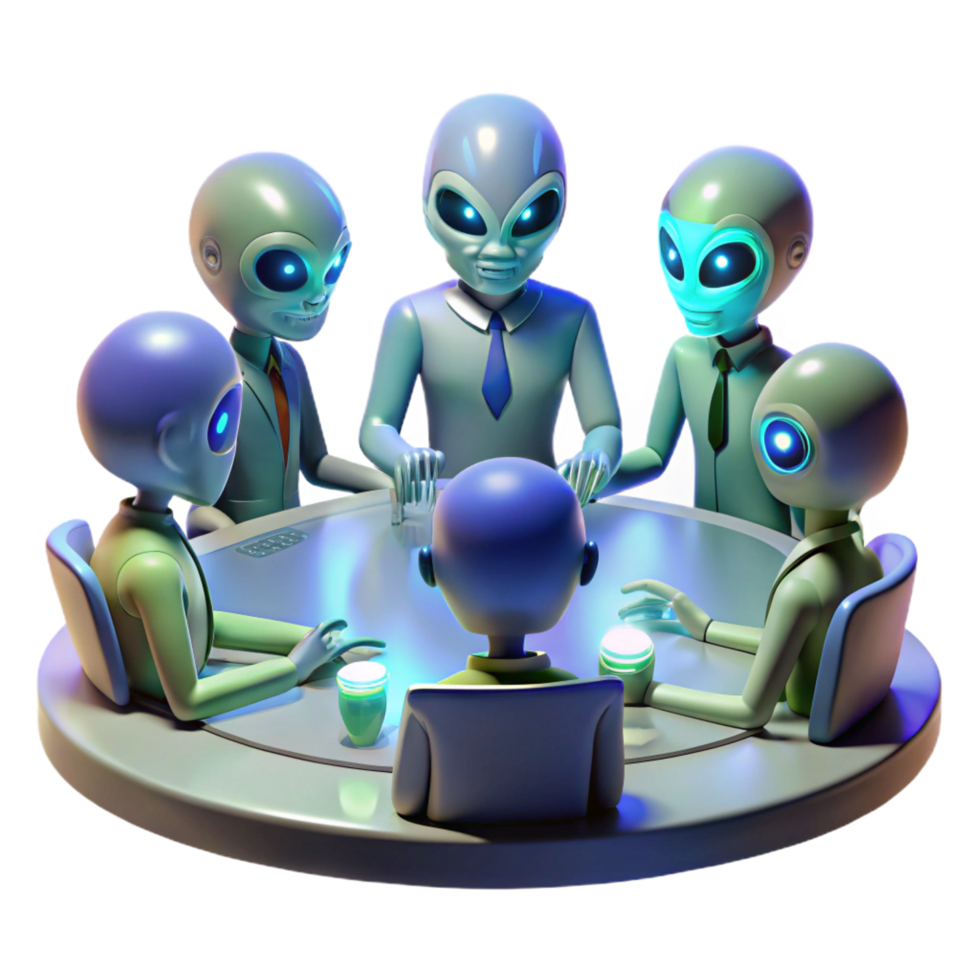 distinguished rustic A group of alien diplomats gathered around a holographic table, discussing galactic politics, dramatic lighting, photorealistic, masterfully captured png