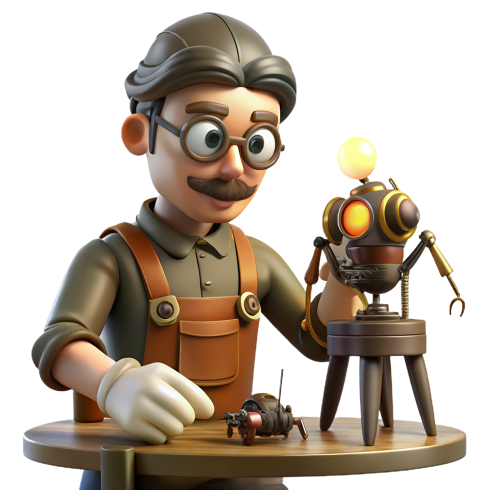 vibrant retro A lone steampunk inventor in goggles and leather apron, tinkering with a miniature robot spider, amidst a chaotic workshop, dimly lit by a single oil lamp, realistic style elite png