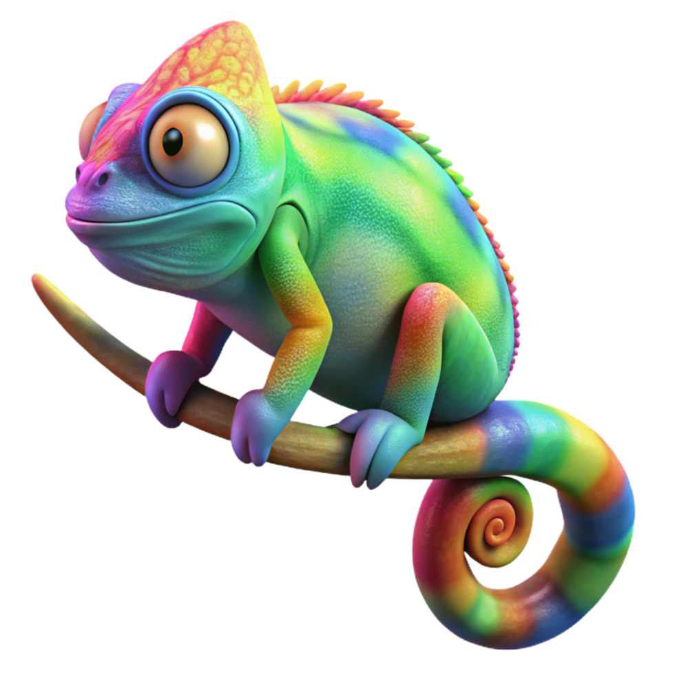sumptuous retro A chameleon perched on a branch, vibrant rainbow skin, bokeh background effect, digital art sharp png