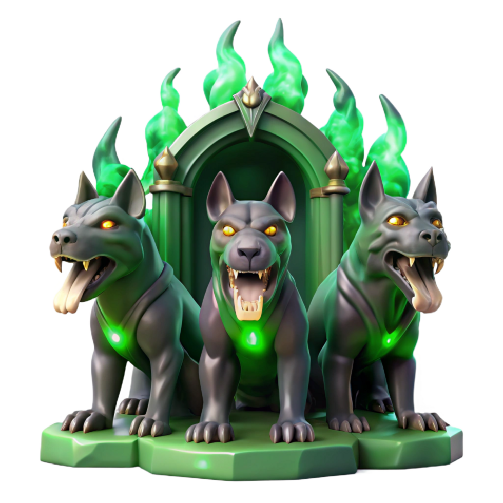 reflective beautiful A three headed Cerberus guarding the gates of the underworld, illuminated by flickering green flames, in a gritty, realistic style elite png