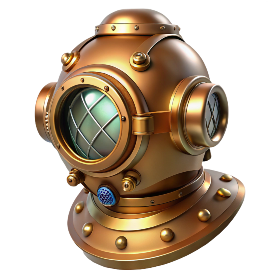 alluring intense mid century A steampunk diving suit, crafted from brass and copper, with large, circular glass windows, illuminated by an underwater spotlight impeccable png
