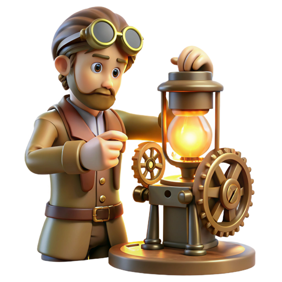 mesmerizing celebrated A lone steampunk inventor, tinkering with a complex clockwork device in a dimly lit workshop, illuminated by flickering gaslight, in a gritty, realistic style png