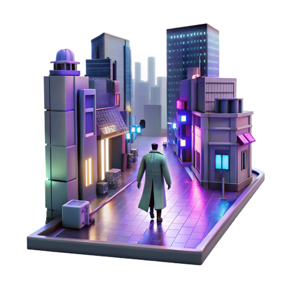 mesmerizing minimalist Cyberpunk city street scene, raining neon, holographic advertisements flicker, a lone figure in a trench coat walks through the crowds. Synthwave aesthetic. Ray tracing premium png