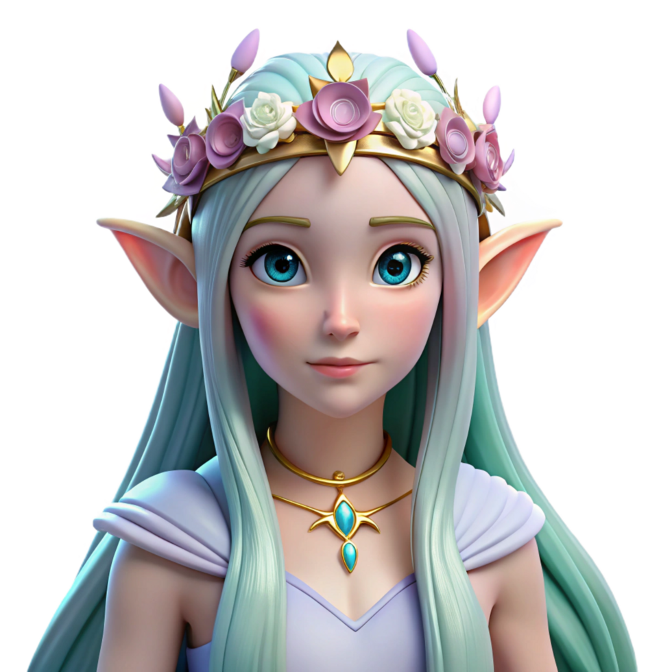 dramatic distinguished A beautiful elf princess with long flowing hair and pointed ears, wearing a crown of flowers, ethereal style png